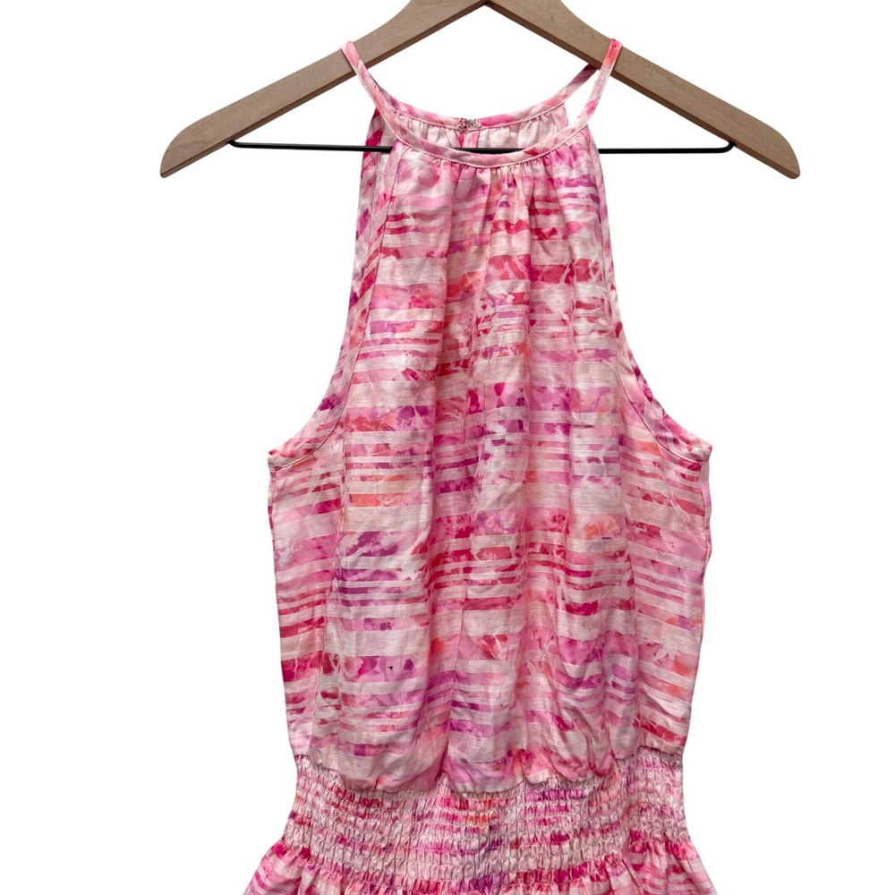 Ramy Brook Linen Pink Watercolor Stripe Smocked Halter Mini Dress Size Medium - Picture 4 of 9